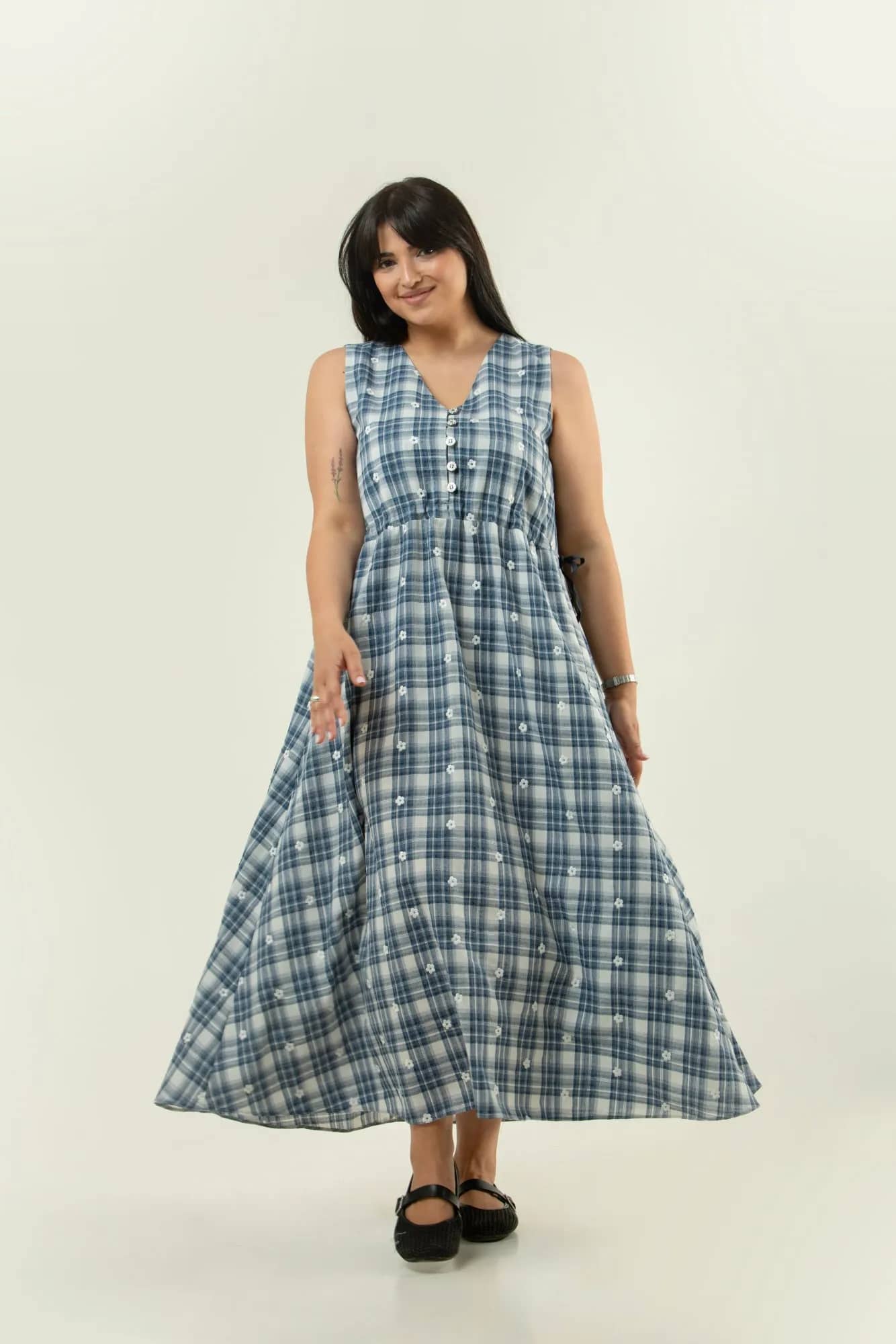 Blue Plaid Button-Front Dress