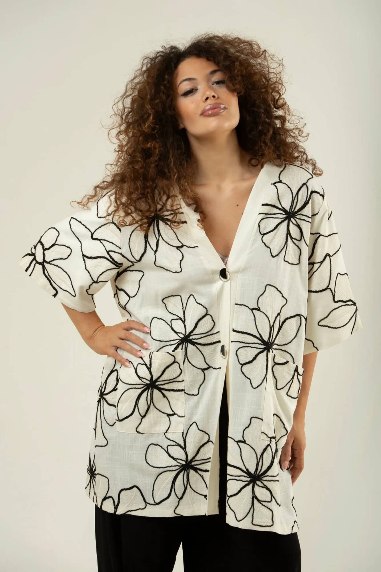 Floral Embroidered Linen-Blend Kimono Cardigan