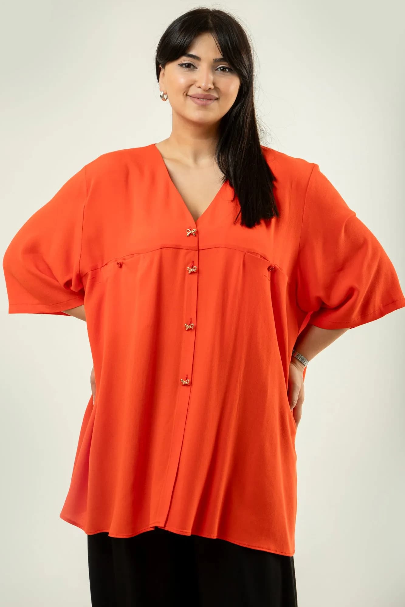 Elegant Vibrant Orange Tunic Blouse with Gold Accents 1