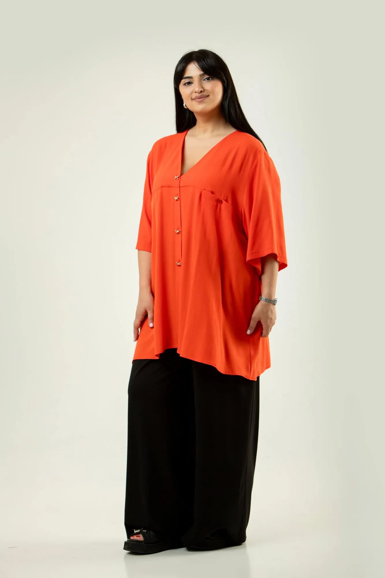 Elegant Vibrant Orange Tunic Blouse with Gold Accents 2