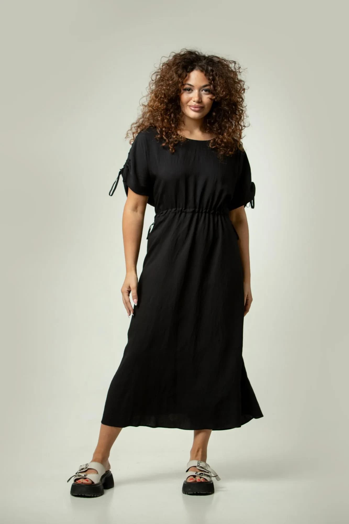 Black Midi Dress Drawstring Waist 1