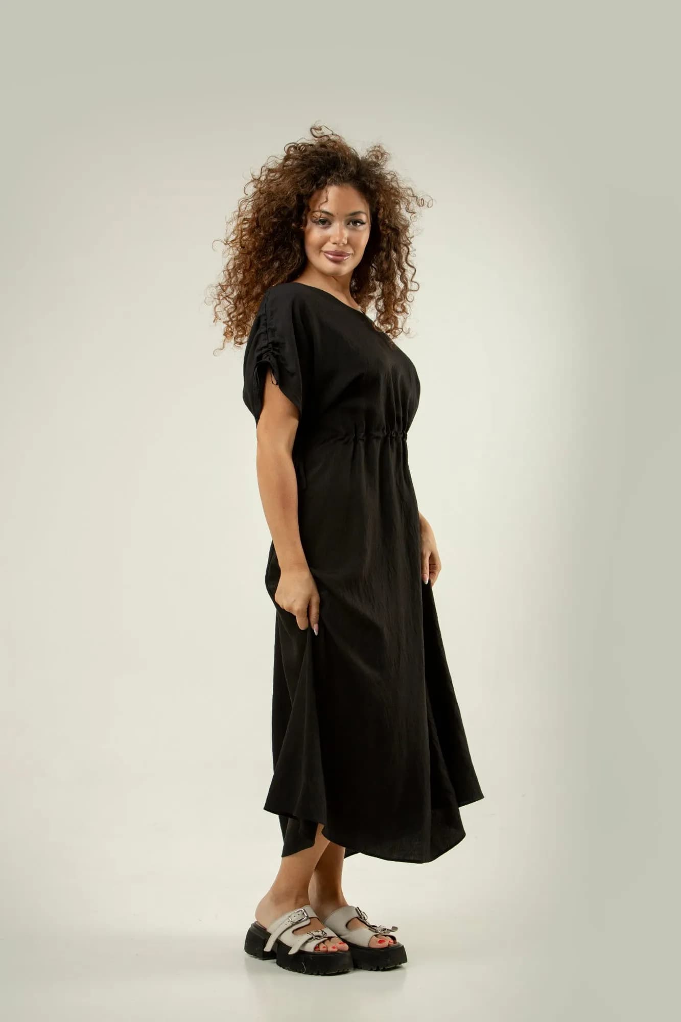 Black Midi Dress Drawstring Waist 2